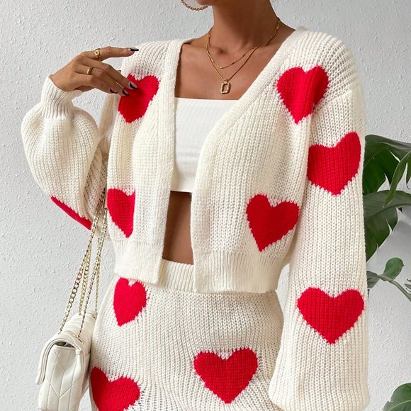 White Casual Womens Heart Pattern Drop Shoulder Duster Cardigan & Knit Skirt - Picture 4 of 5